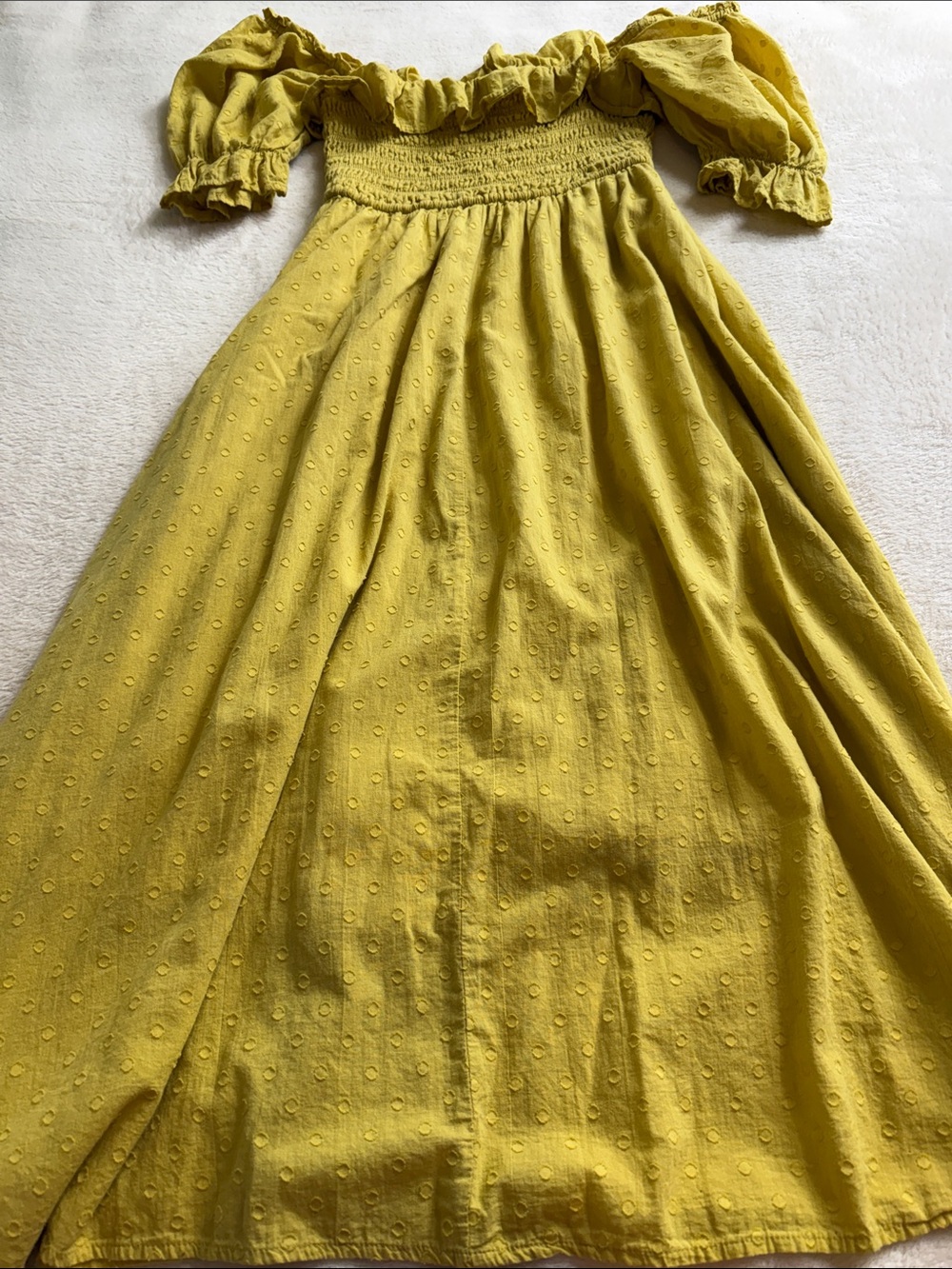 R. Yiposha Yellow Chartreuse Swiss Dot Smocked Puff Sleeve Off Shoulder Dress - Picture 11 of 13